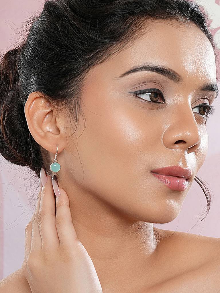 925 Sterling Silver  Mint Green Aqua Stone Studded   Minimal Handcrafted Drop Earrings : AGER5334