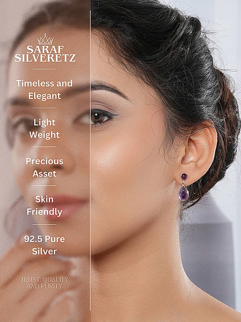925 Sterling Silver Rhodium Natural  Amethyst Gemstone  Minimal  Handcrafted  Drop Earrings : AGER5335