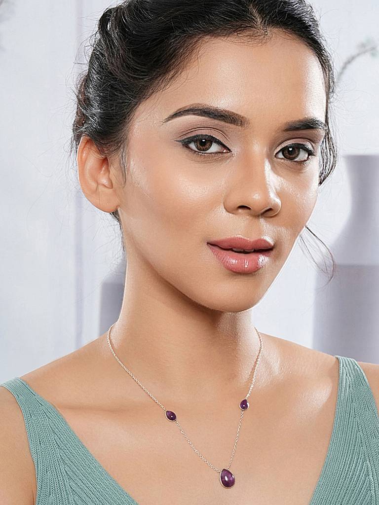 925 Sterling Silver Amethyst Gemstone Studded Minimal Boho Necklace & Chain : AGLK5340