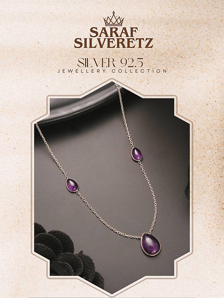 925 Sterling Silver Amethyst Gemstone Studded Minimal Boho Necklace & Chain : AGLK5340