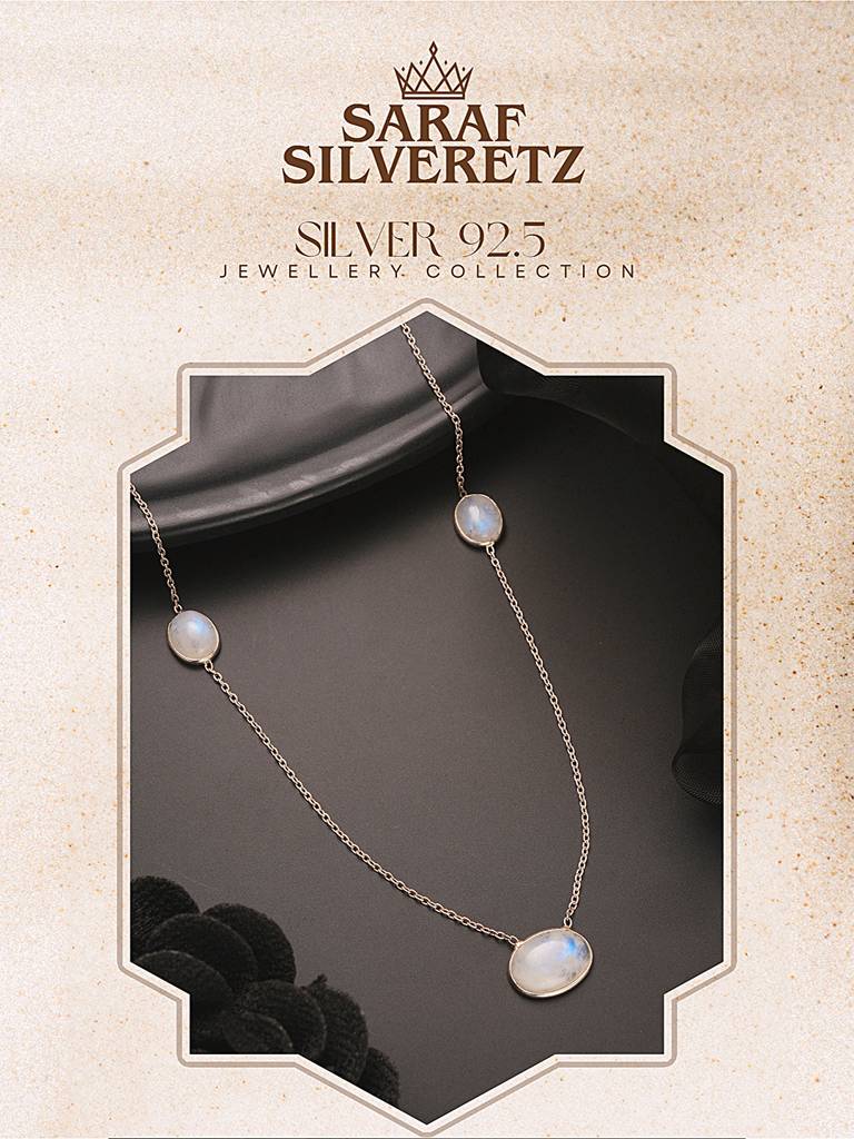 925 Sterling Silver White Moonstone  Gemstone Studded Minimal Boho Necklace & Chain : AGLK5341