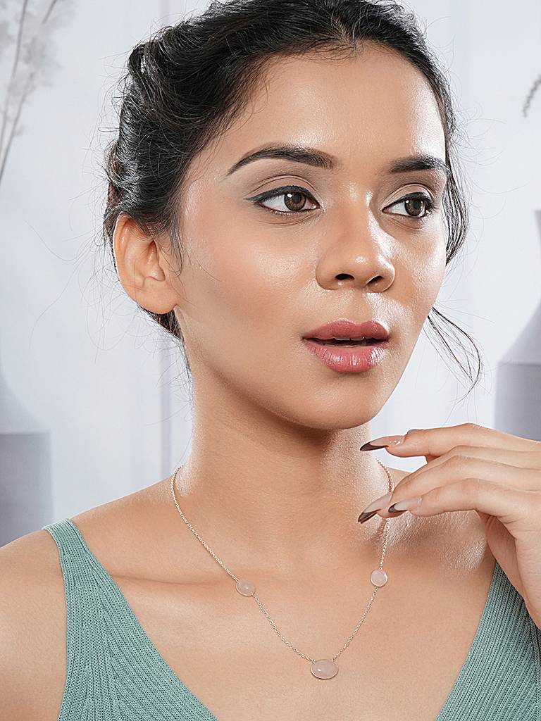 925 Sterling Silver Rose Quartz Gemstone Studded Minimal Boho Necklace & Chain : AGLK5342