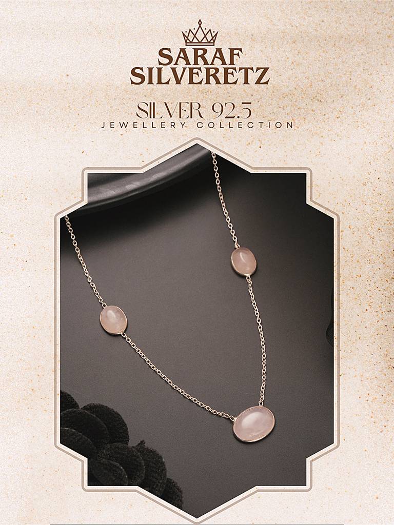 925 Sterling Silver Rose Quartz Gemstone Studded Minimal Boho Necklace & Chain : AGLK5342
