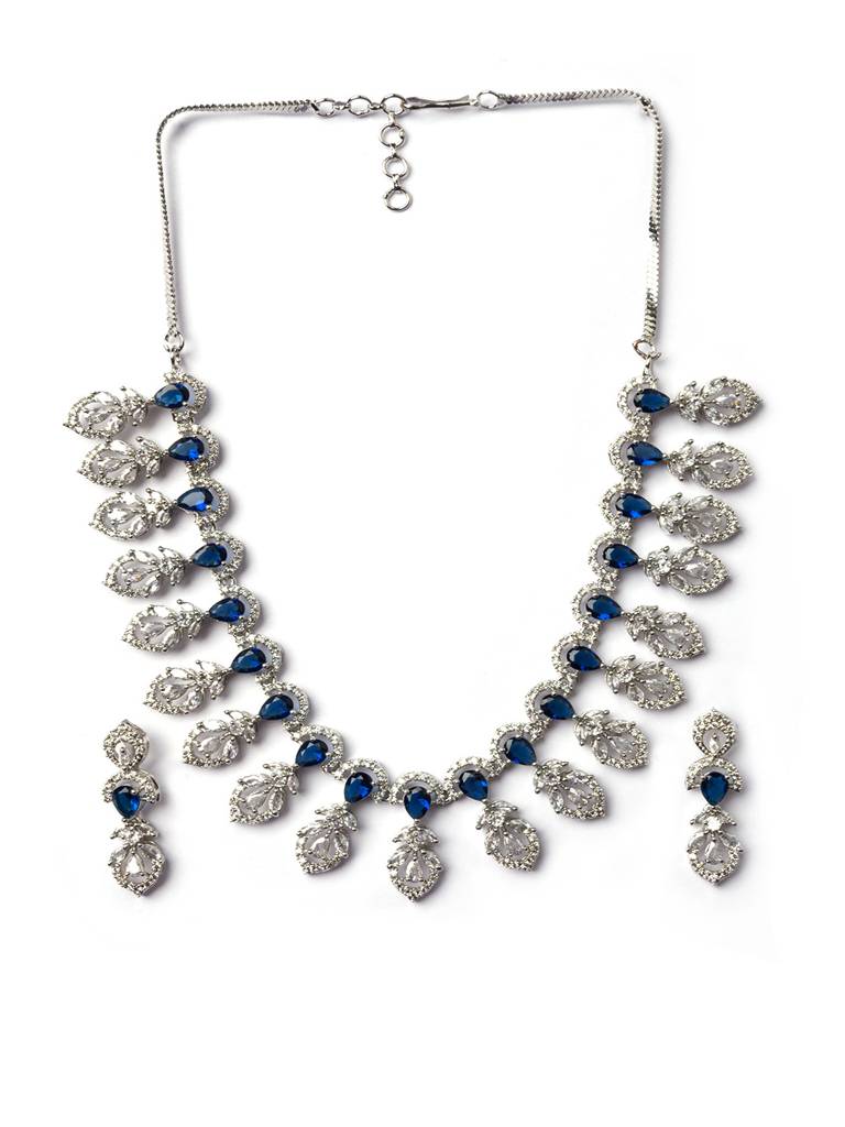 Elegant Leaf Style American Diamond Necklace Set With Sleek Earrings : AD138BLUE