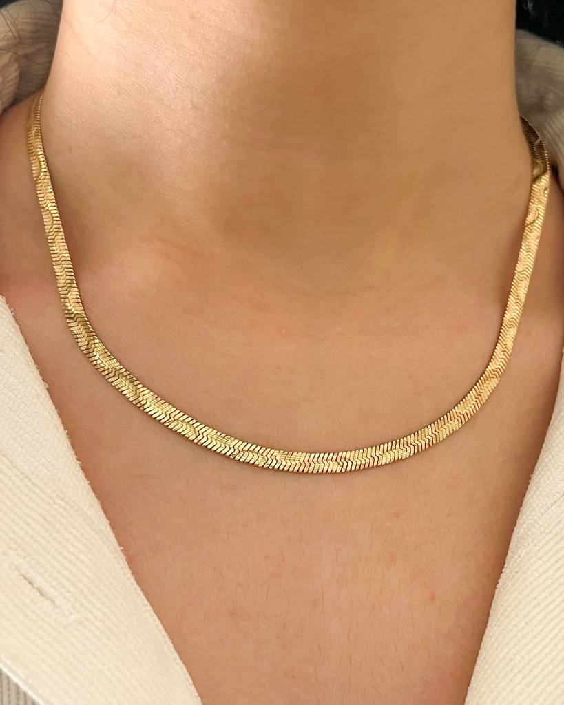 18K Gold Plated Textured Herringbone Snake Chain Gold Stainless Steel