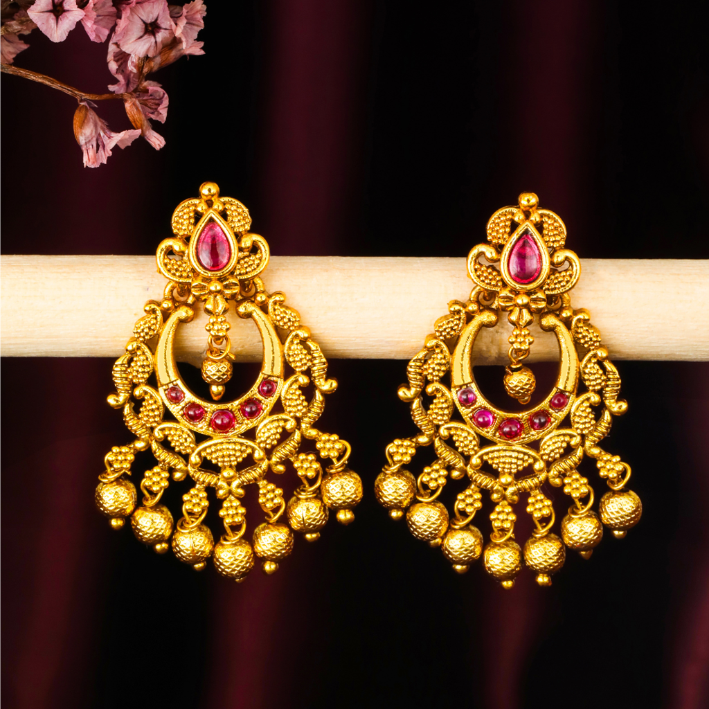 Traditional Temple Chandbali Earrings With Ruby Stones K-300 : K-300