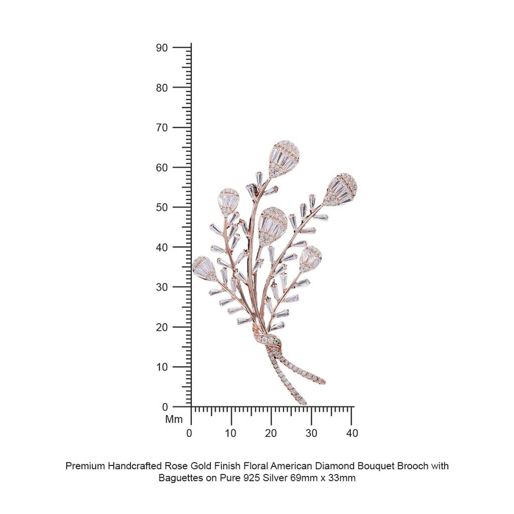 Premium Handcrafted Rose Gold Finish Floral American Diamond Bouquet Brooch With Baguettes On Pure 925 Silver : TBR7105