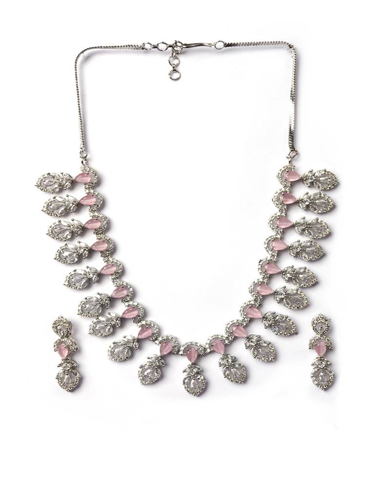Elegant Leaf Style American Diamond Necklace Set With Sleek Earrings : AD138PINK