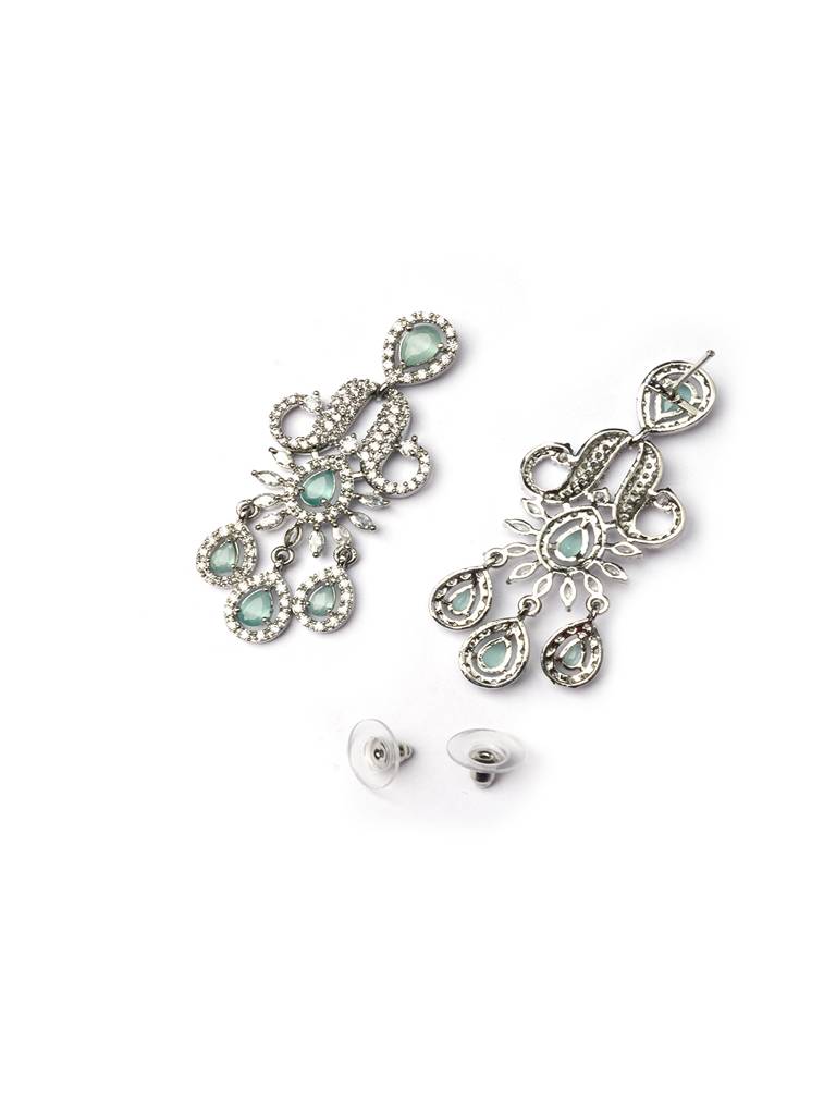 Princess Style Flower Ad Necklace Set With Long Earrings Set For Women/Girls - Wedding Jewelry/Party & Festival Ac : AD137MINT