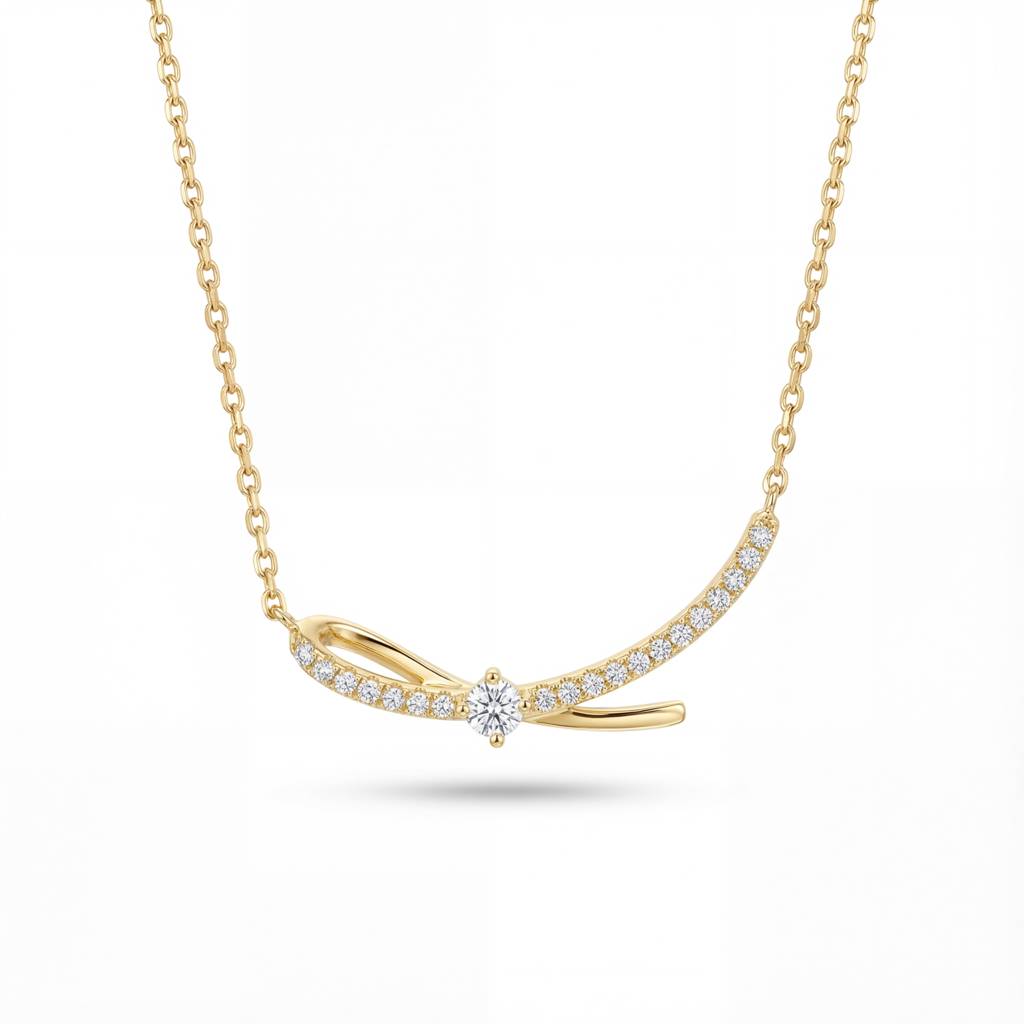 Korean Graceful Pavé Ribbon Bow Necklace : YUFSNL225