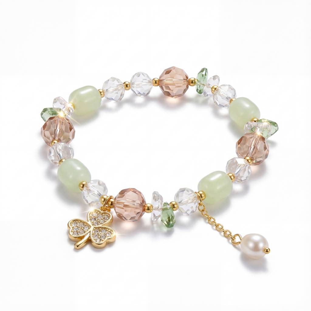 Korean Pastel Meadow Clover & Pearl Charm Bracelet : YUFSBR219
