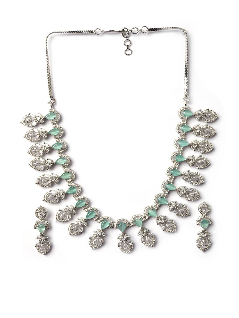 Elegant Leaf Style American Diamond Necklace Set With Sleek Earrings : AD138MINT