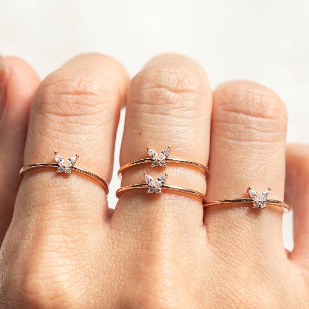 18K Gold Plated Waterproof, Anti-Tarnish Zircon Butterfly Midi Ring, Size:7 : AWU0125R142WH_6