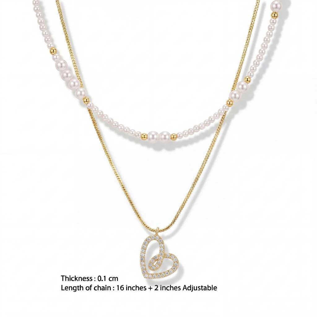 Korean Dainty Gold Heart & Seed Pearl Layering Necklace Set : YUFSNL244
