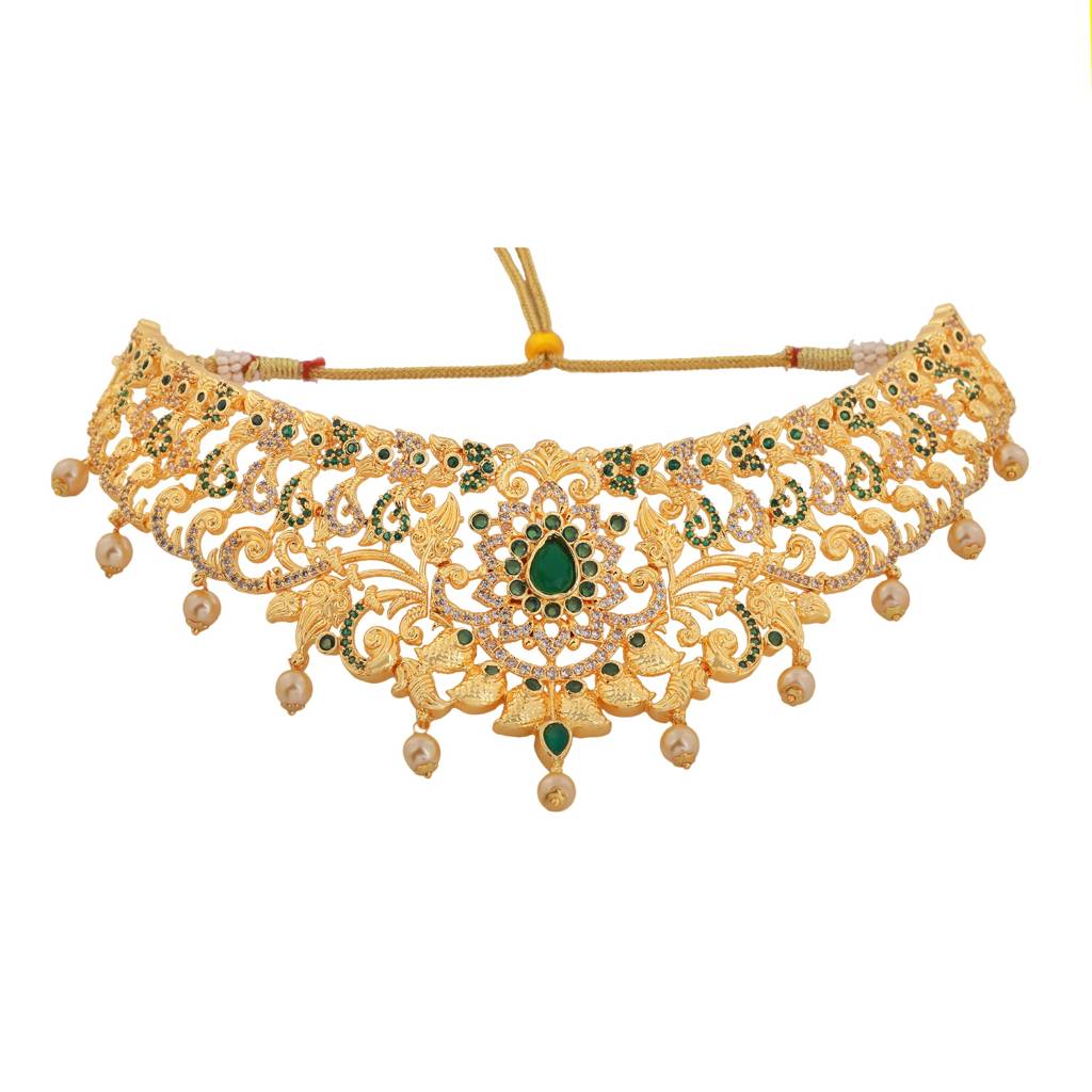 Estele Gold Plated Cz Magnificent Bridal Choker Necklace Set With Green Stones & Pearls For Women : AD-549C-IGNKER