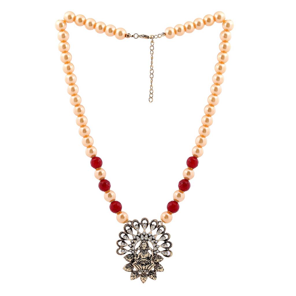 Estele Gold Plated Exquisite Laxmi Devi Pearl Necklace Set With Austrian Crystals & Red Beads For Women : 10011-IGNKER