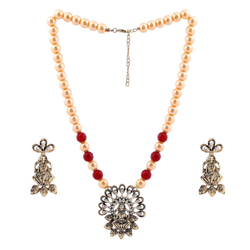Estele Gold Plated Exquisite Laxmi Devi Pearl Necklace Set With Austrian Crystals & Red Beads For Women : 10011-IGNKER