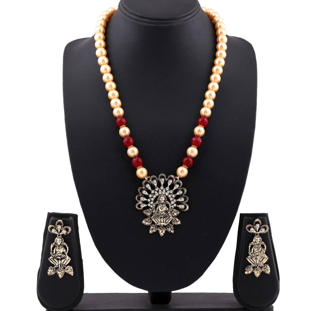 Estele Gold Plated Exquisite Laxmi Devi Pearl Necklace Set With Austrian Crystals & Red Beads For Women : 10011-IGNKER