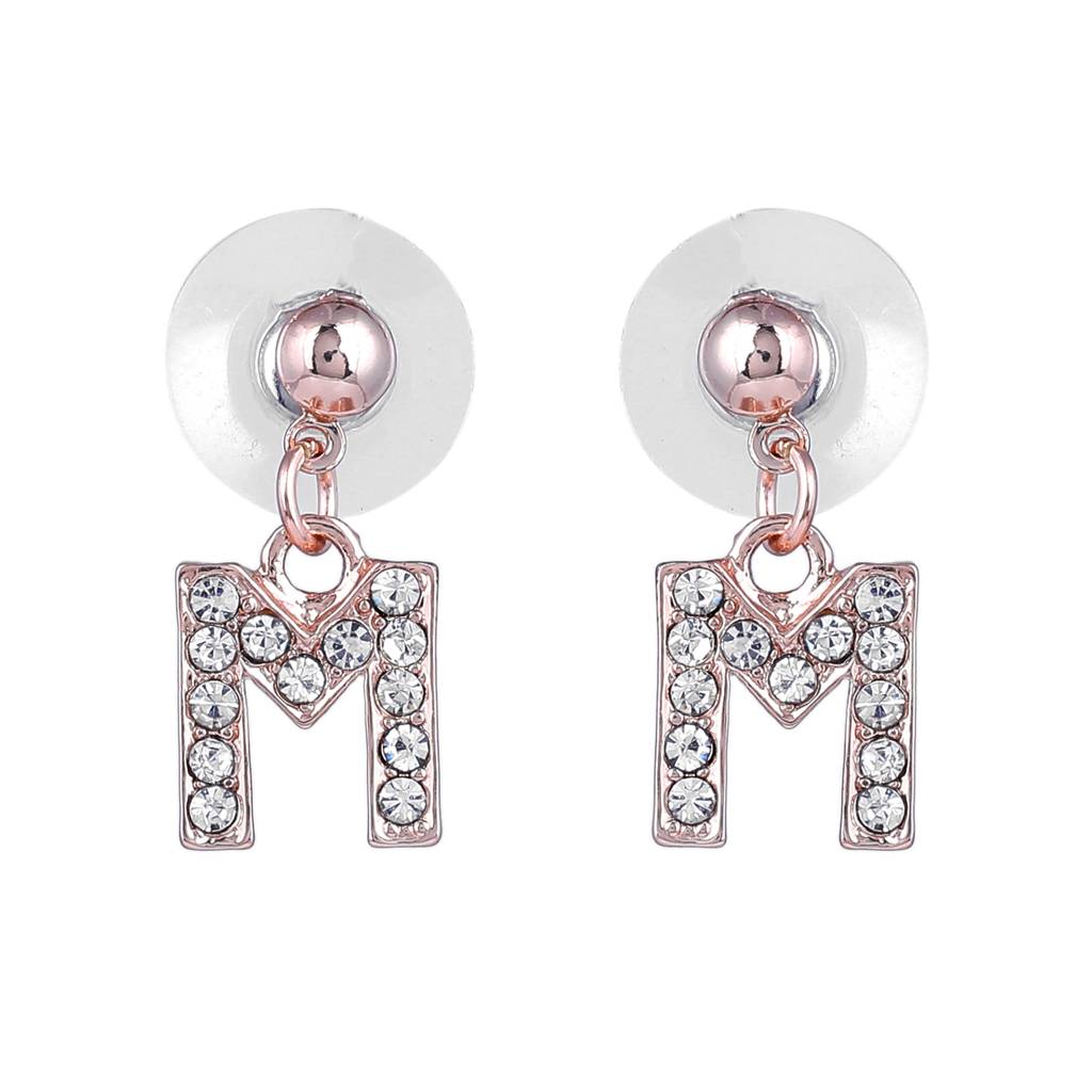 Estele Rosegold Plated Magnificent Medium 'M' Letter Earrings With Crystals For Women : 801701-RG-MER