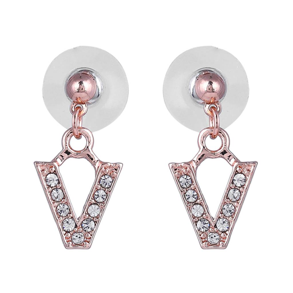 Estele Rosegold Plated Magnificent Medium 'V' Letter Earrings With Crystals For Women : 801701-RG-VER