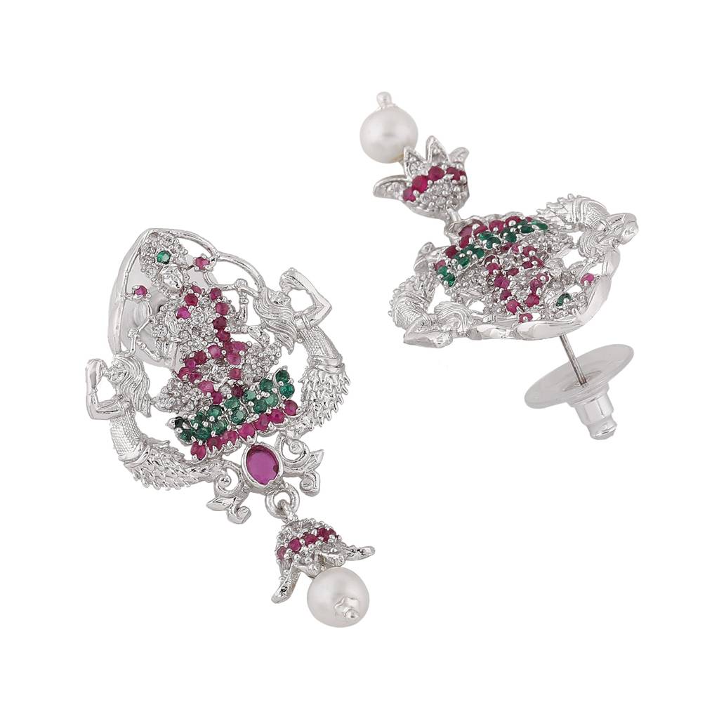 Estele Rhodium Plated Cz Traditional Lakshmi Devi Designer Earrings With Pearls For Women : AD-614-IR-ERER