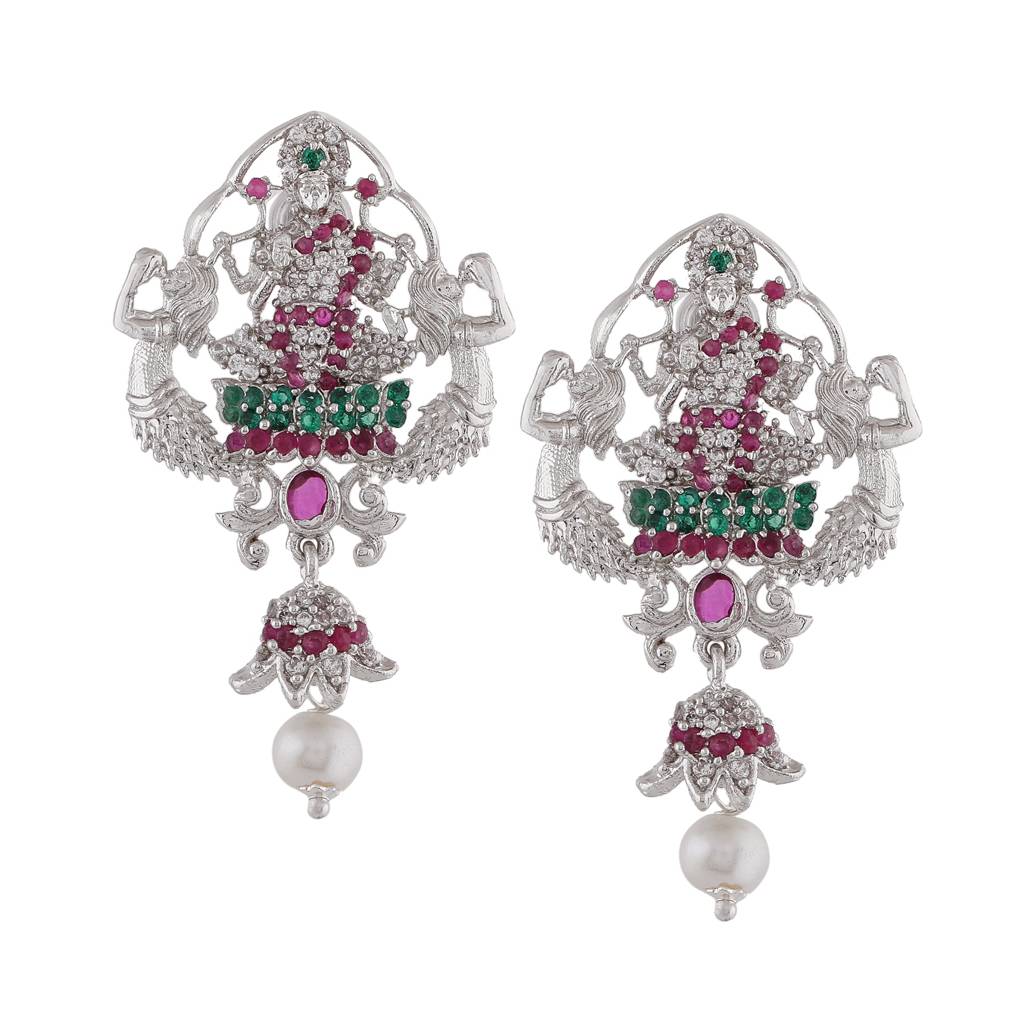 Estele Rhodium Plated Cz Traditional Lakshmi Devi Designer Earrings With Pearls For Women : AD-614-IR-ERER