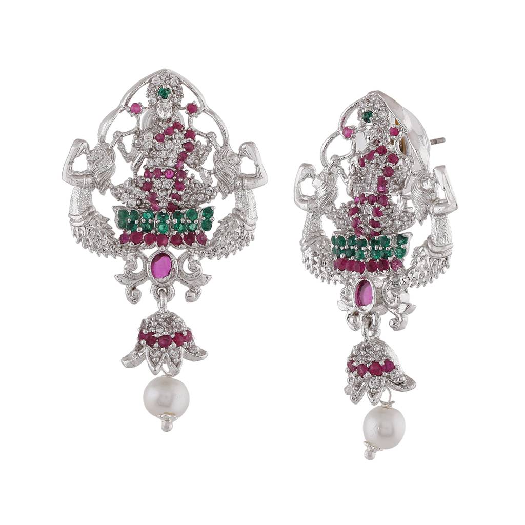 Estele Rhodium Plated Cz Traditional Lakshmi Devi Designer Earrings With Pearls For Women : AD-614-IR-ERER