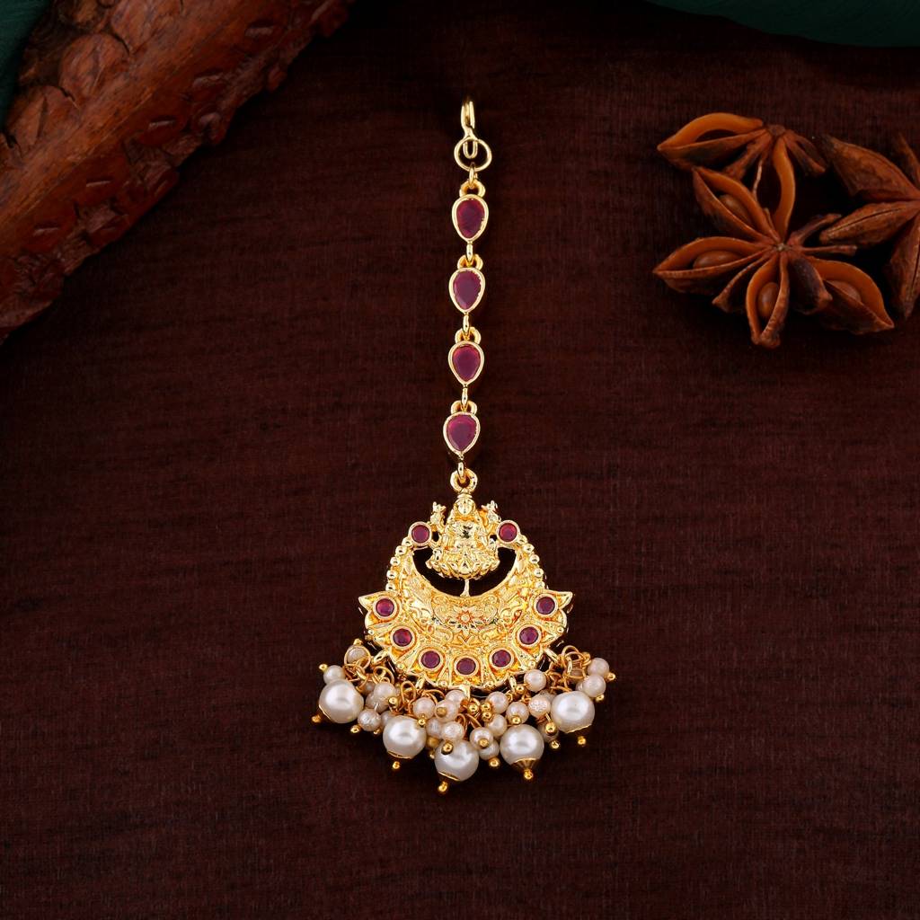 Estele Gold Plated Divine Laxmi Ji Designer Maang Tikka With Pearl For Women : AD-MT-001-IGTIKAA
