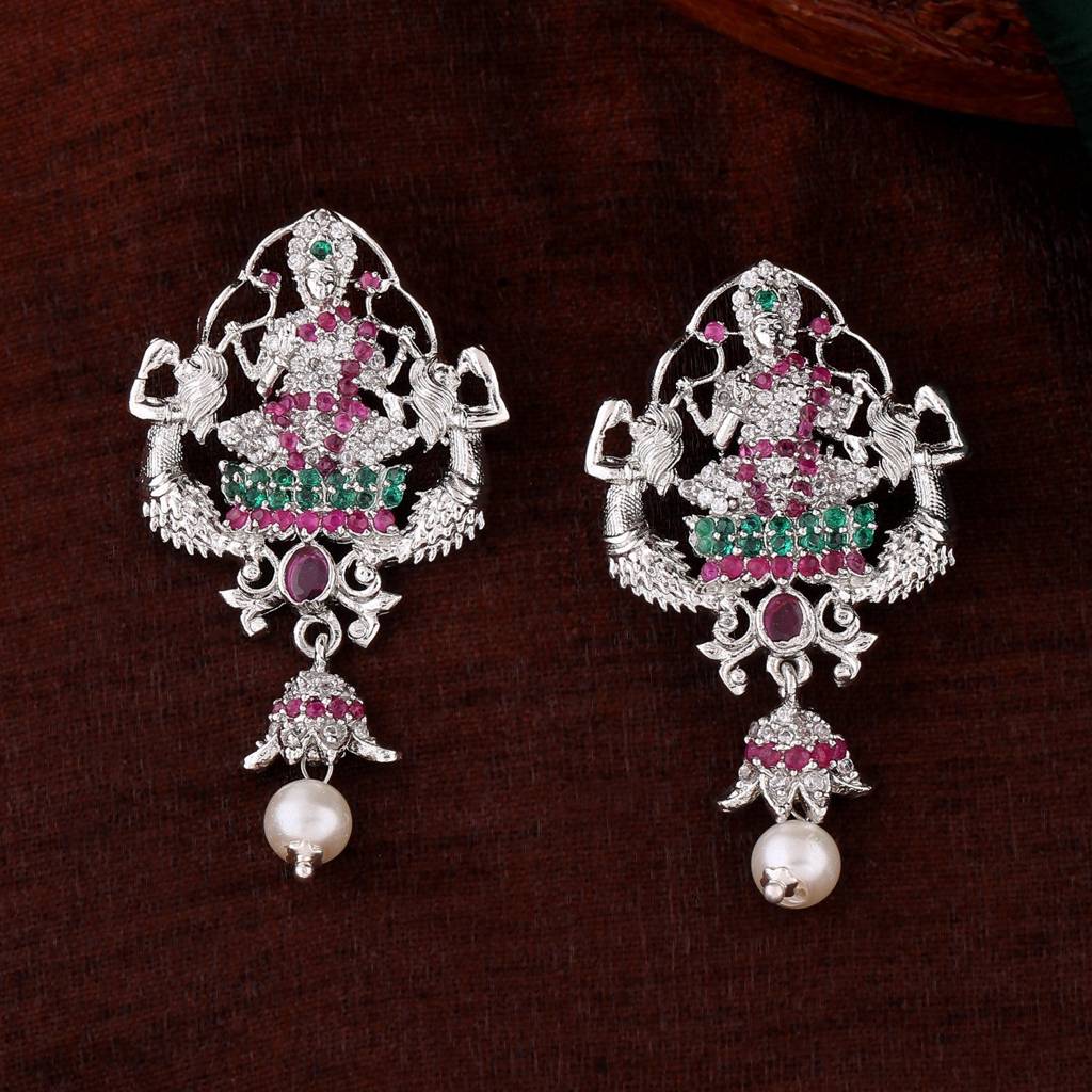 Estele Rhodium Plated Cz Traditional Lakshmi Devi Designer Earrings With Pearls For Women : AD-614-IR-ERER