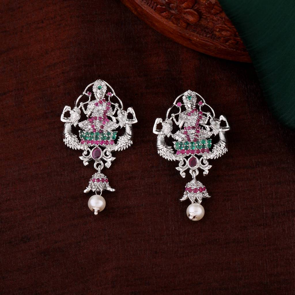 Estele Rhodium Plated Cz Traditional Lakshmi Devi Designer Earrings With Pearls For Women : AD-614-IR-ERER