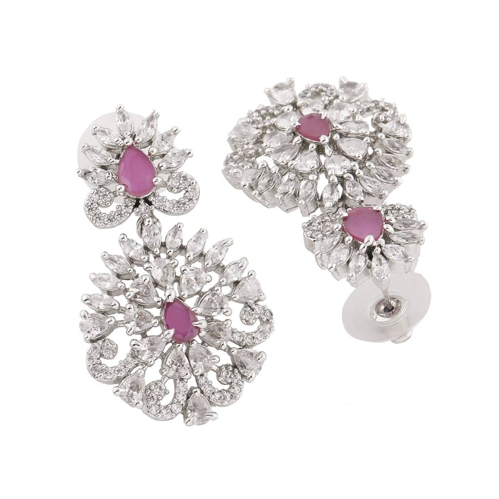 Estele Rhodium Plated Cz Radiance Flower Designer Earrings With Pink Crystals For Women : AD-561-IR-ERER