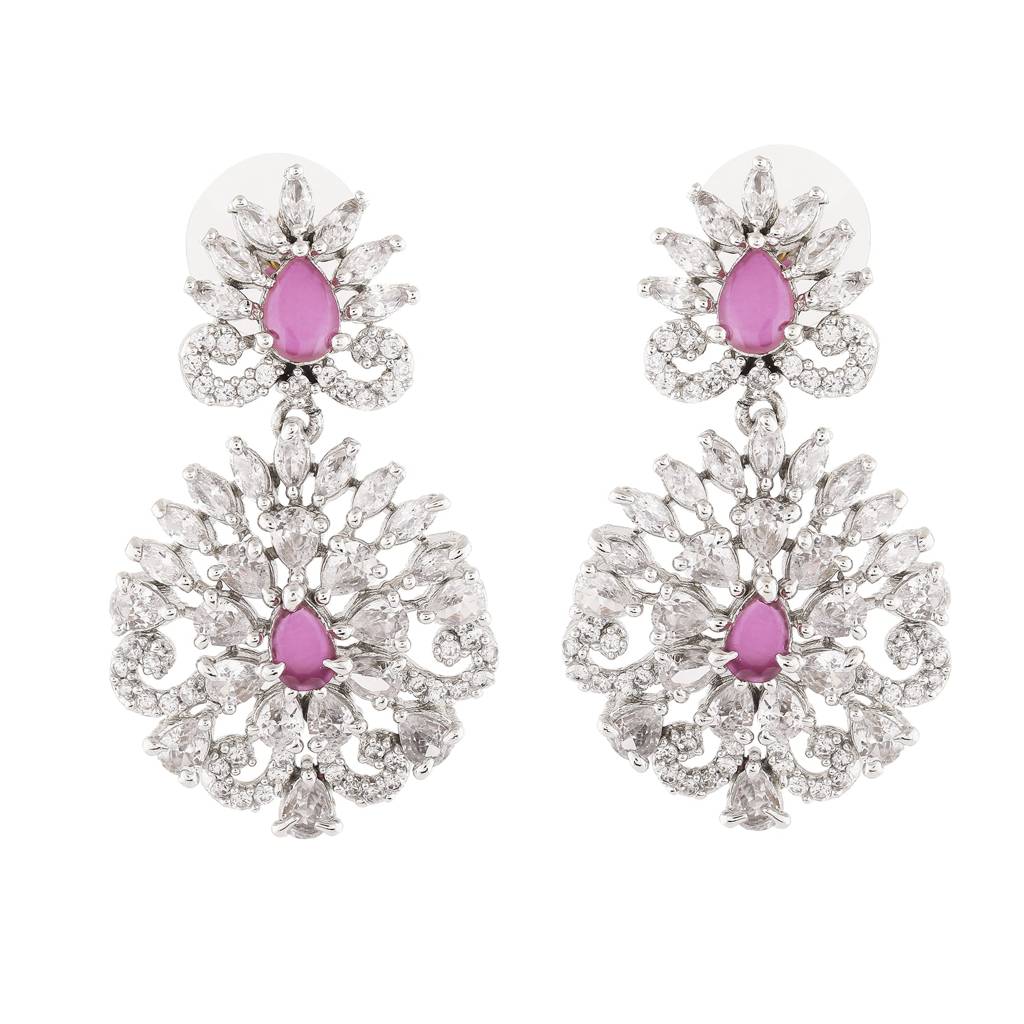 Estele Rhodium Plated Cz Radiance Flower Designer Earrings With Pink Crystals For Women : AD-561-IR-ERER
