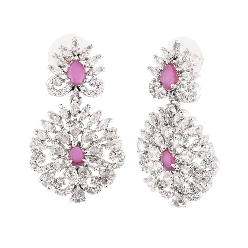 Estele Rhodium Plated Cz Radiance Flower Designer Earrings With Pink Crystals For Women : AD-561-IR-ERER