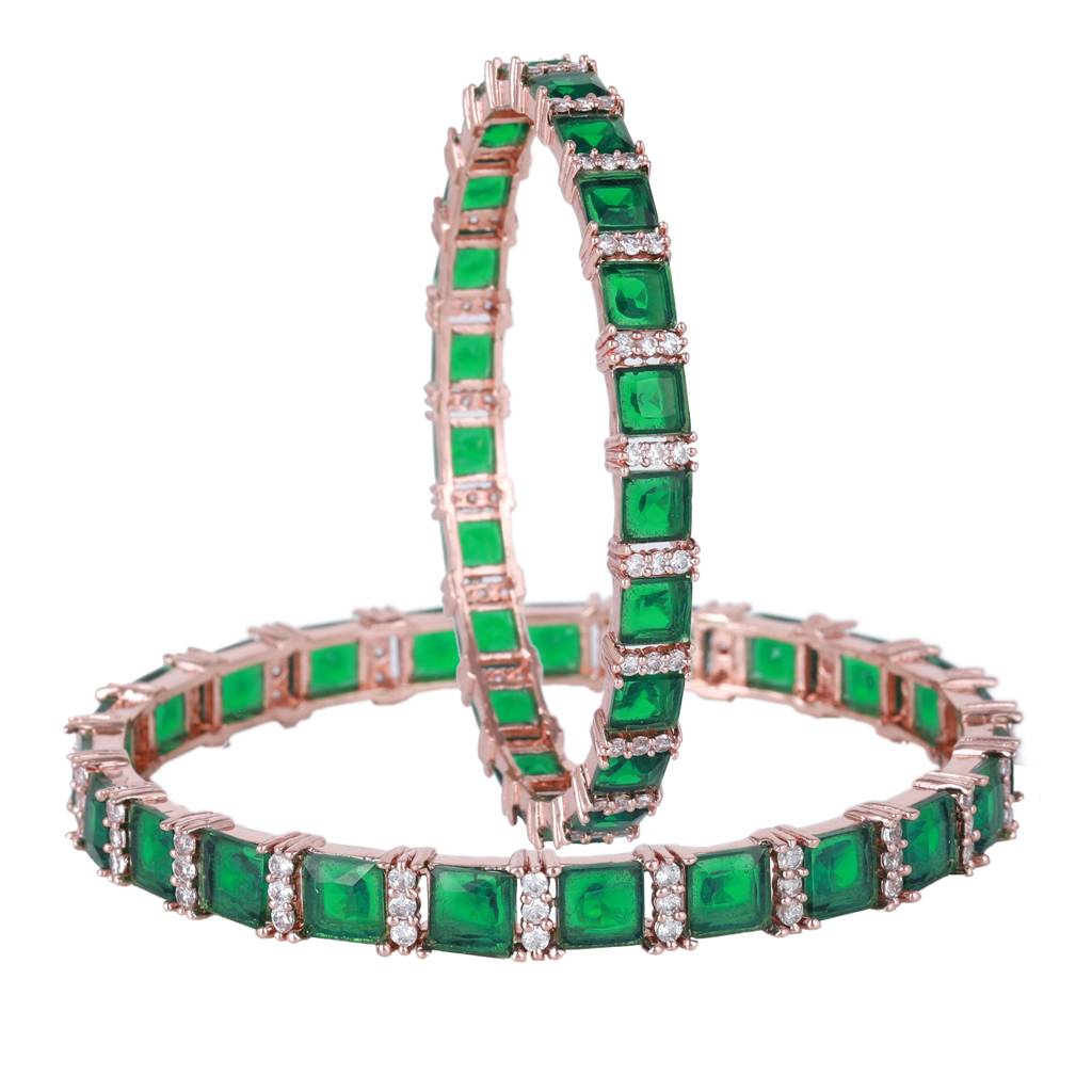 Estele Rosegold Plated Exquisite Square Pattern Green American Diamond Bangles | Sizes 2:4, 2:6 & 2:8 : AD-037-RGGN28BANGLE-24