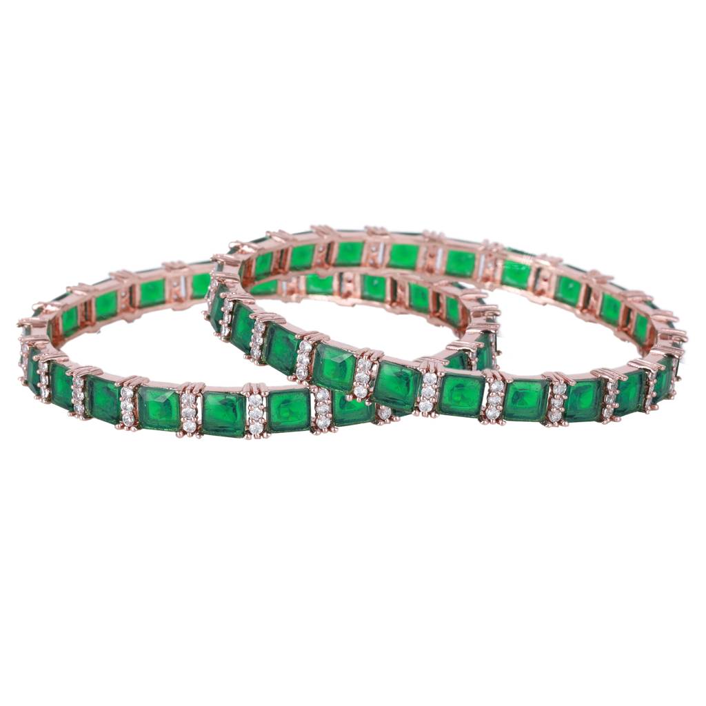 Estele Rosegold Plated Exquisite Square Pattern Green American Diamond Bangles | Sizes 2:4, 2:6 & 2:8 : AD-037-RGGN28BANGLE-24