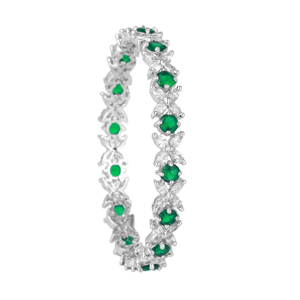 Estele Rhodium Plated Green American Diamond Beautiful Floral Bangles| Available In 2:4, 2:6, & 2:8 S : AD-024-IRGN26BANGLE-24