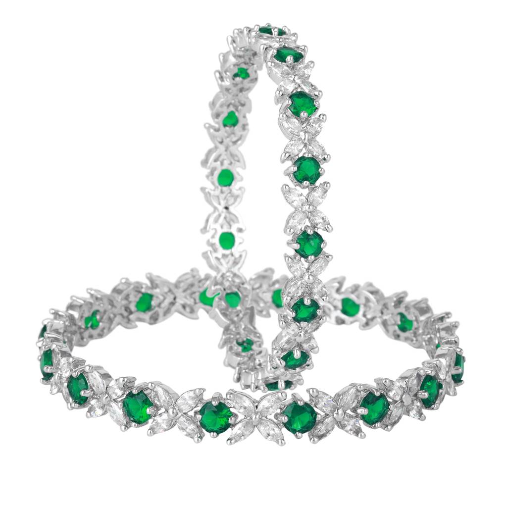 Estele Rhodium Plated Green American Diamond Beautiful Floral Bangles| Available In 2:4, 2:6, & 2:8 S : AD-024-IRGN26BANGLE-24