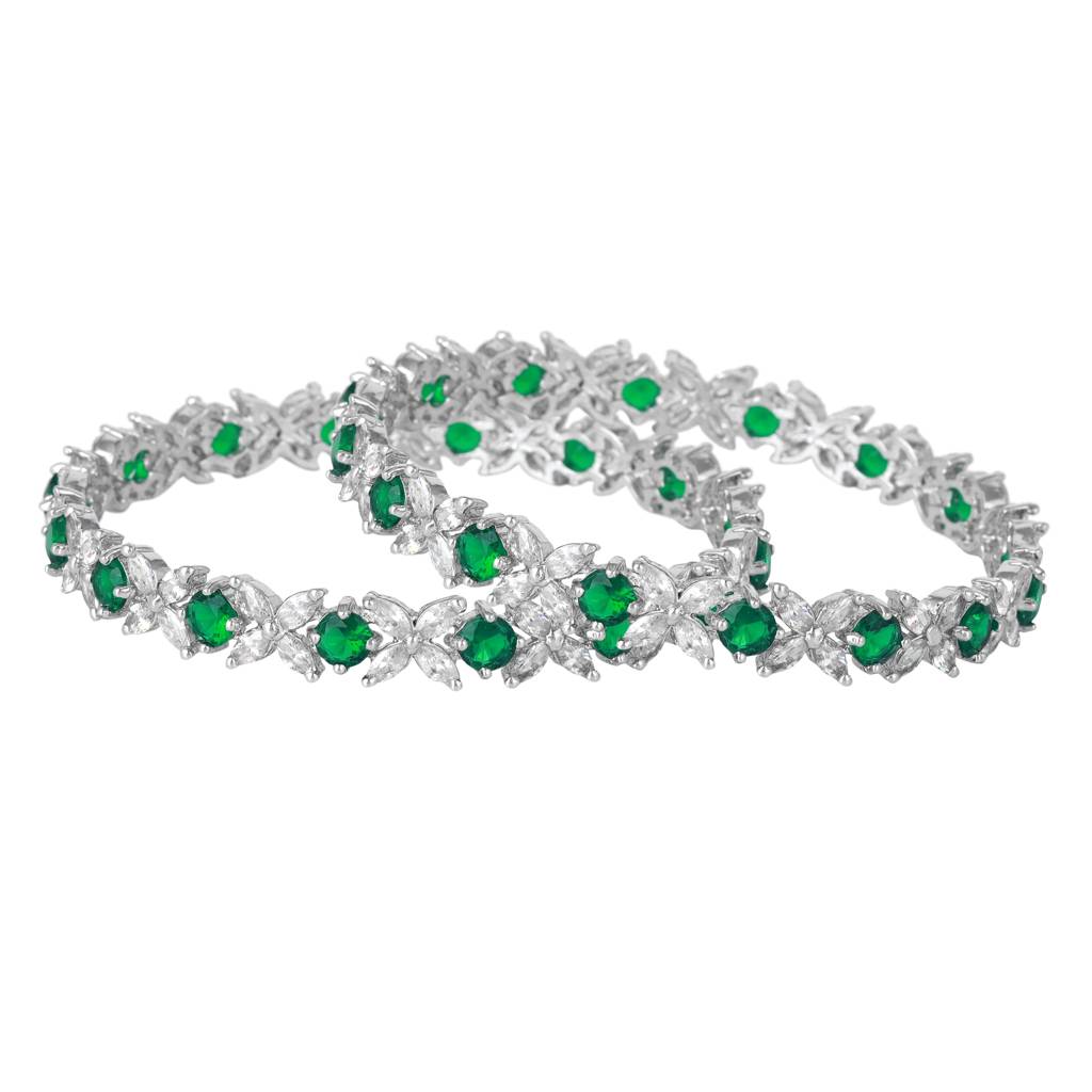 Estele Rhodium Plated Green American Diamond Beautiful Floral Bangles| Available In 2:4, 2:6, & 2:8 S : AD-024-IRGN26BANGLE-24