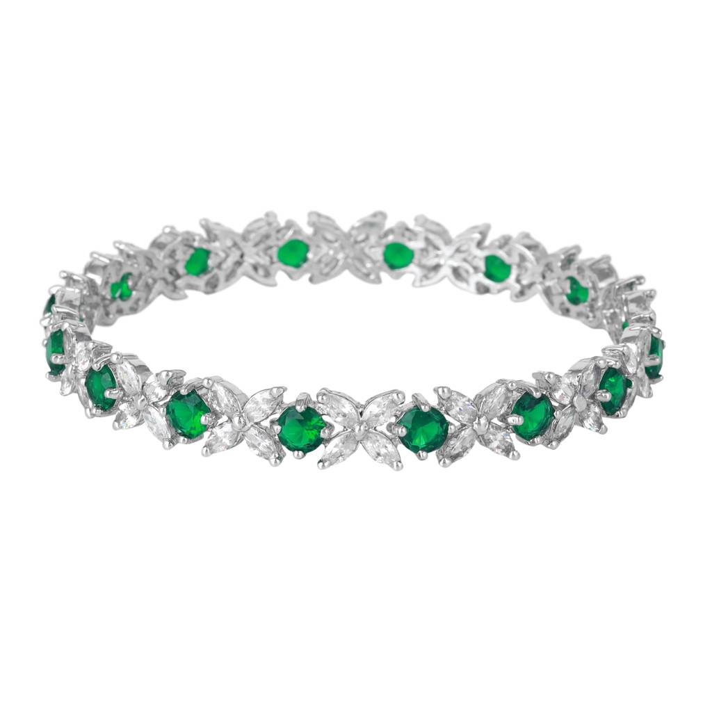 Estele Rhodium Plated Green American Diamond Beautiful Floral Bangles| Available In 2:4, 2:6, & 2:8 S : AD-024-IRGN26BANGLE-24