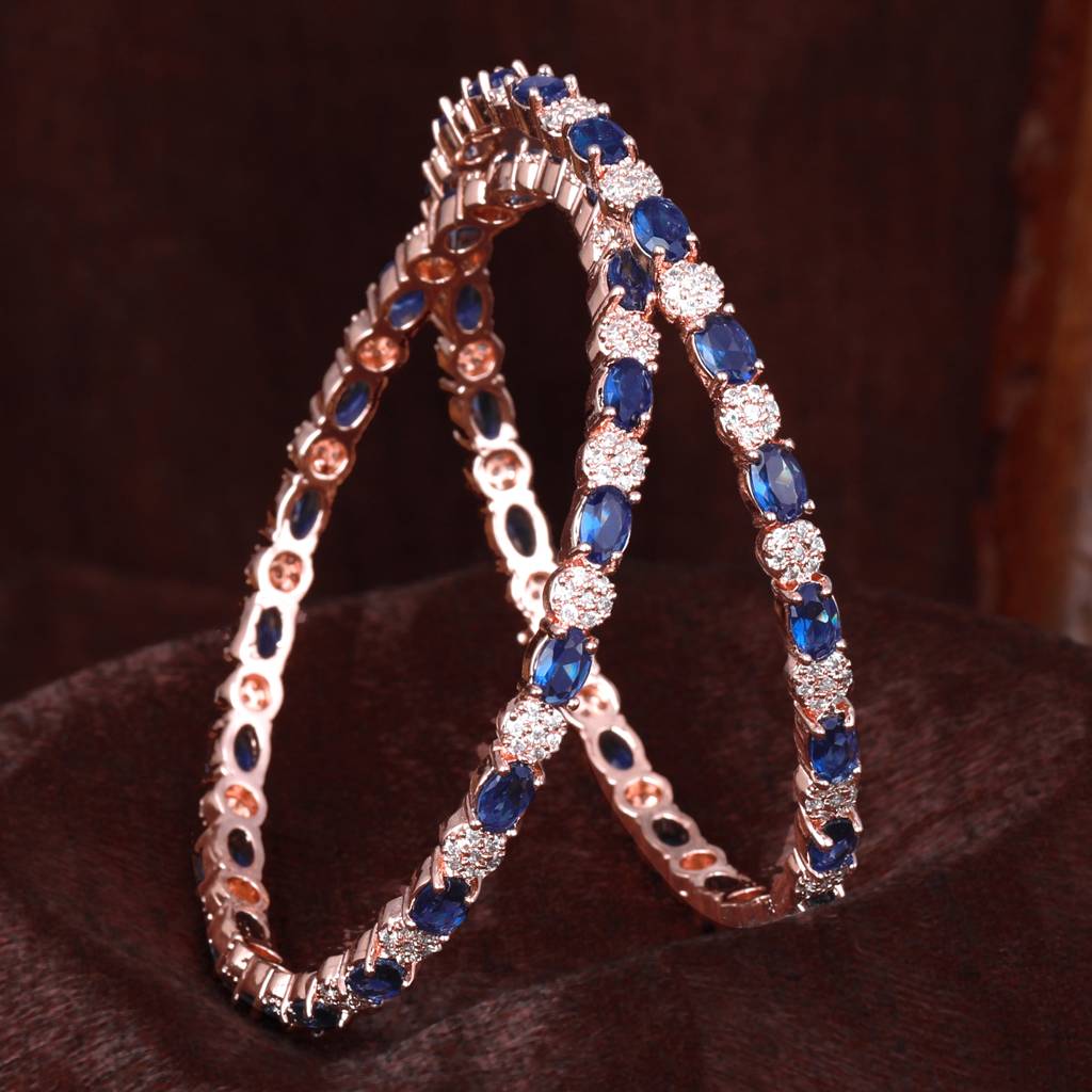 Estele Rosegold Plated Glistening Blue American Diamond Bangles |Available In 2:4, 2:6, & 2:8 Sizes|A : AD-030-RGBL24BANGLE-24