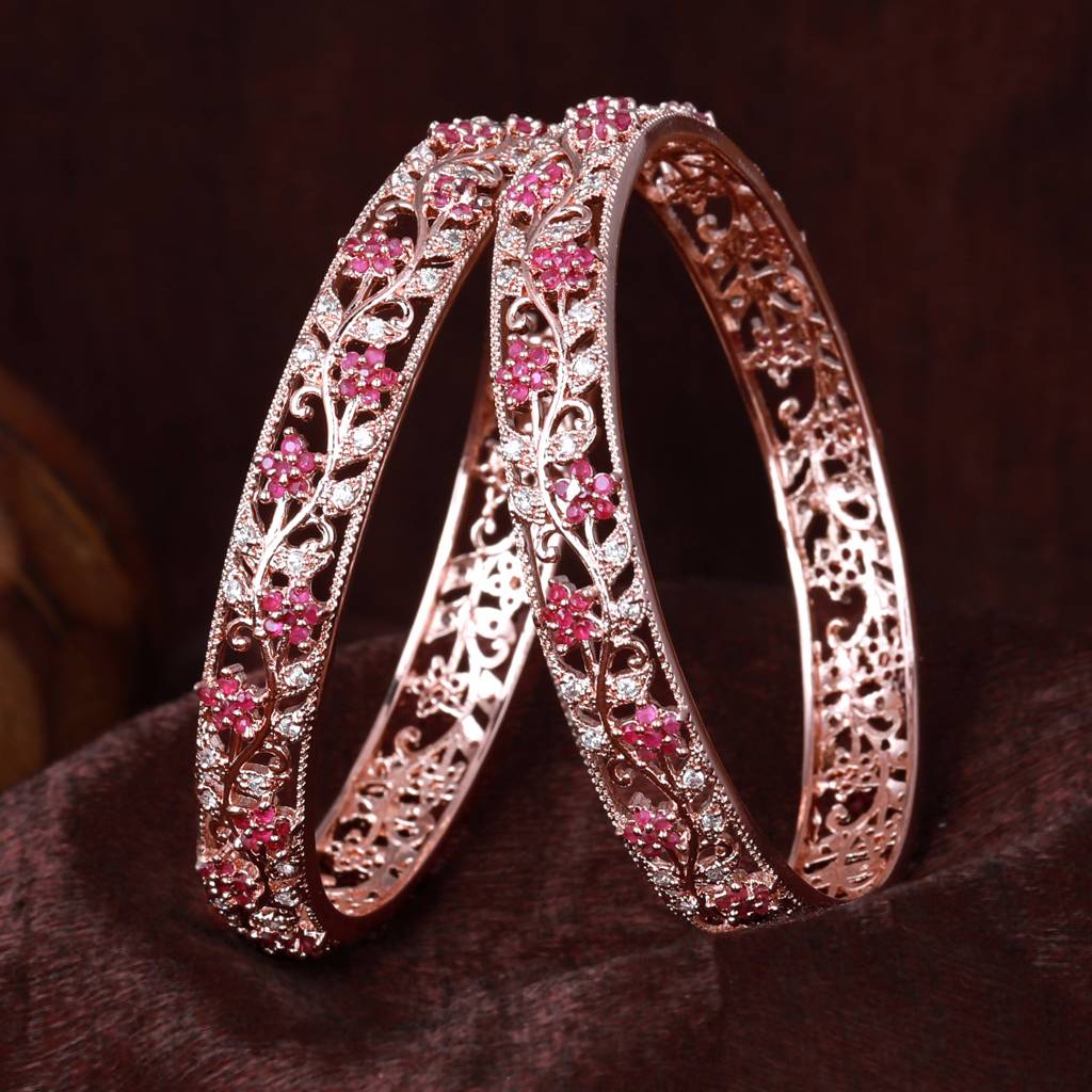 Estele Rosegold Plated Exquisite Floral Designer Traditional 2:6 Size  Bangles With Ruby American Diamonds|A Timeless Jewelry Choice For Women 