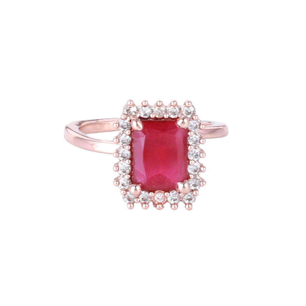 Estele Rosegold Plated Cz Square Designer Finger Ring With Ruby