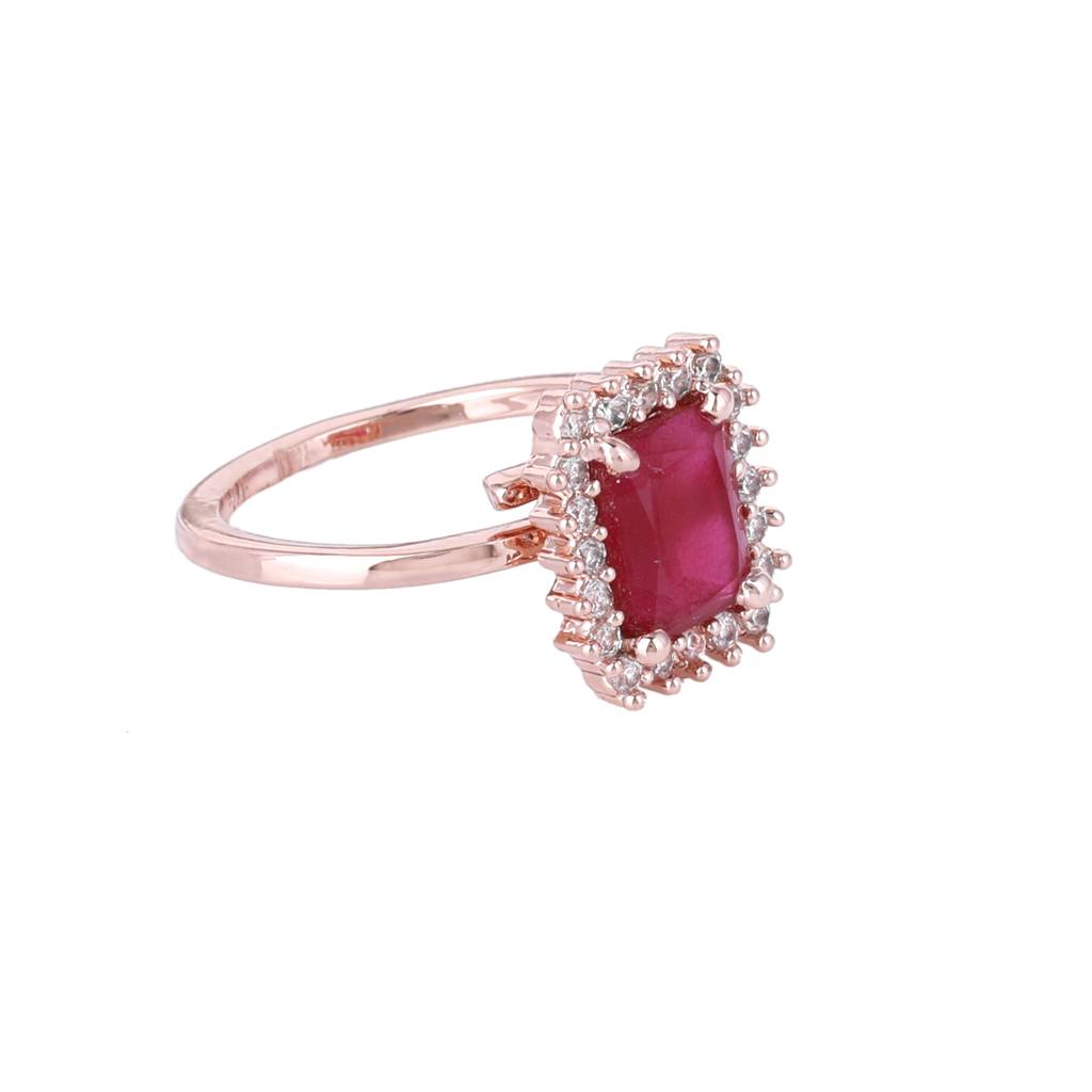 Estele Rosegold Plated Cz Square Designer Finger Ring With Ruby Stones For Women(Adjustable) : AD-125-RG-RBRING