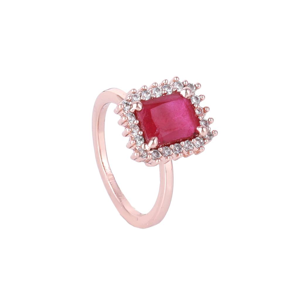 Estele Rosegold Plated Cz Square Designer Finger Ring With Ruby Stones For Women(Adjustable) : AD-125-RG-RBRING