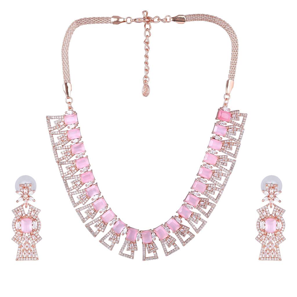 Estele Rose Gold Plated Gorgeous American Diamond Necklace Set For Women : AD-749-RGMPNKER