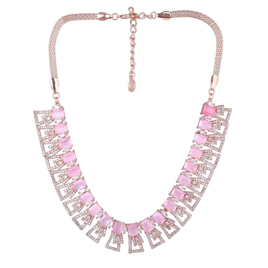 Estele Rose Gold Plated Gorgeous American Diamond Necklace Set For Women : AD-749-RGMPNKER
