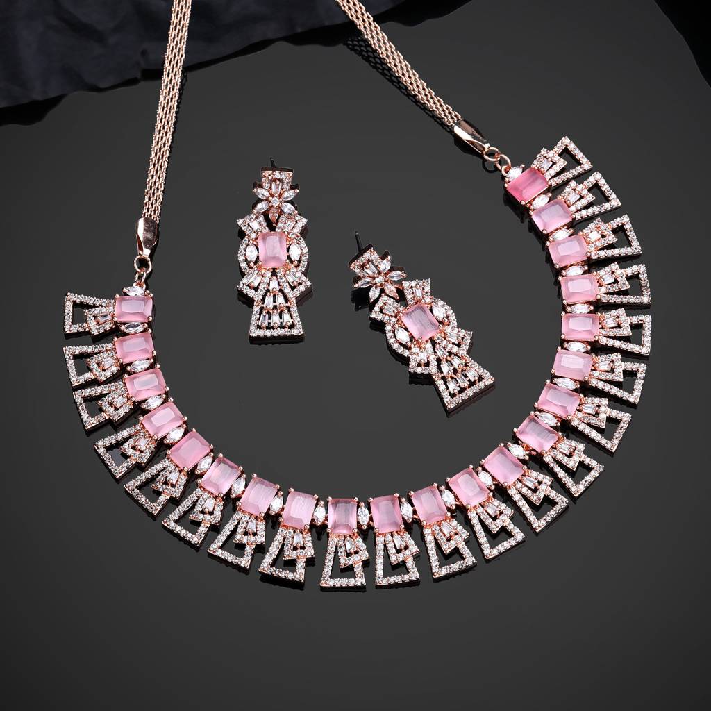 Estele Rose Gold Plated Gorgeous American Diamond Necklace Set For Women : AD-749-RGMPNKER