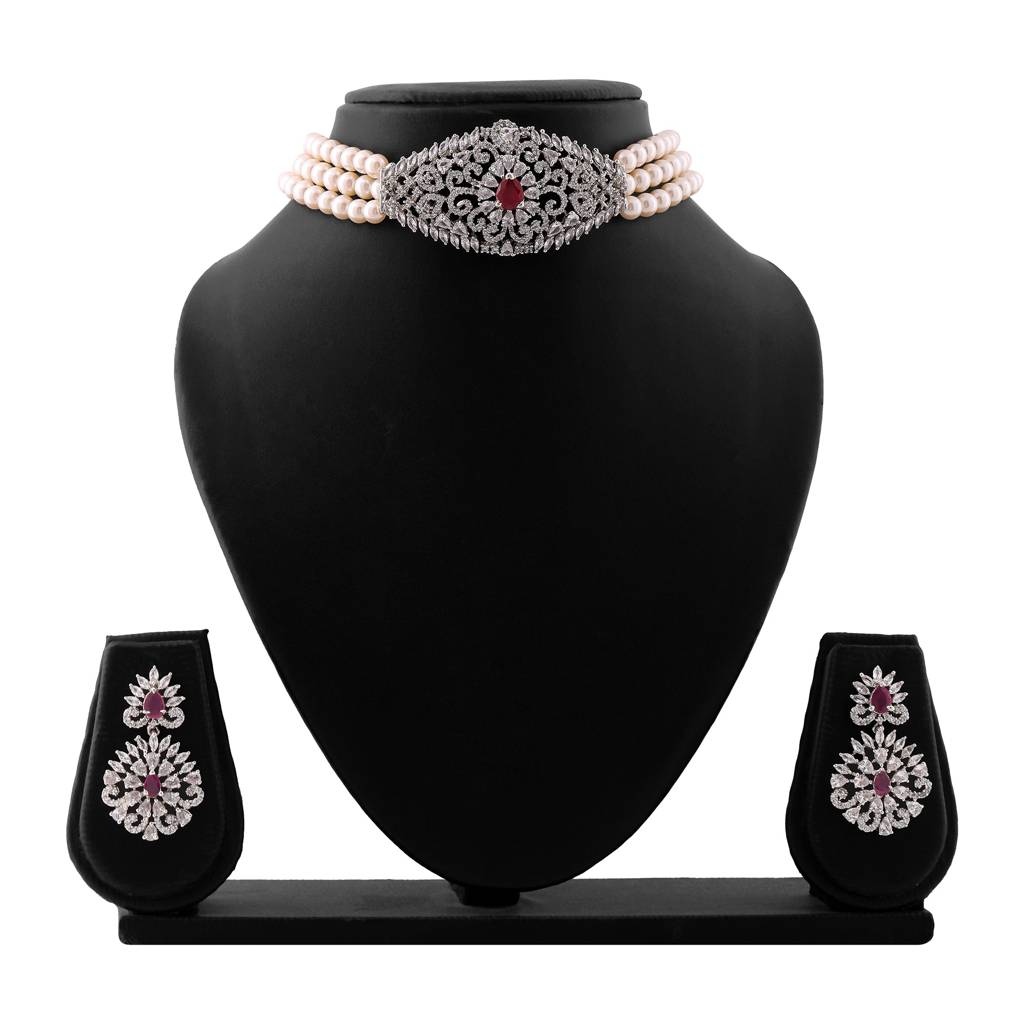 Estele Rhodium Plated Cz Enchanted Pearl Choker Necklace Set For Women : AD-561-IRNKER