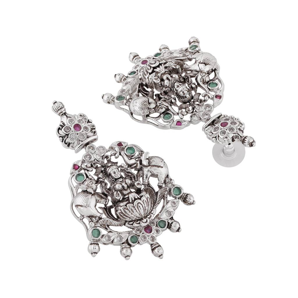 Estele Rhodium Plated Cz Lakshmi Devi Embellished With Elephants Designer Earrings For Women : AD-618-IR-ERER