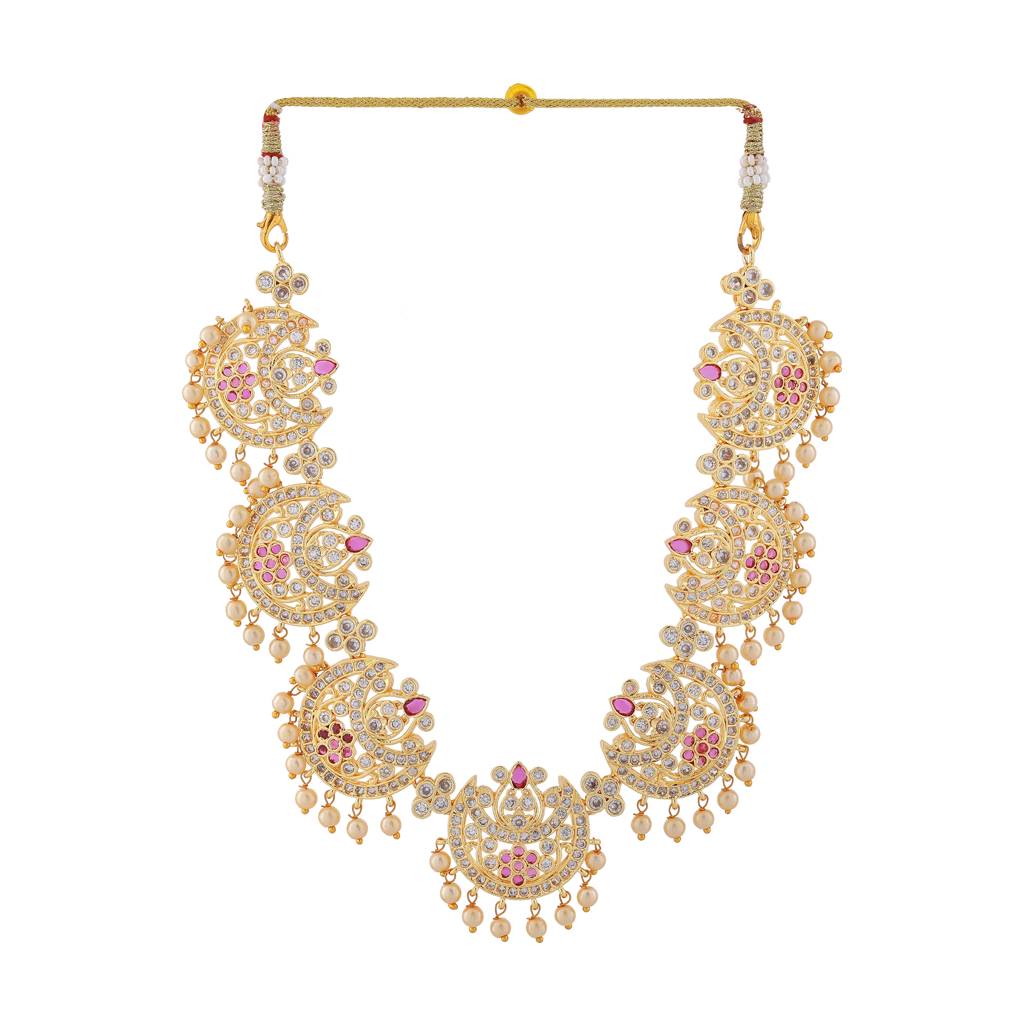 Estele Gold Plated Cz Splendid Flower Designer Necklace Set With Pearls For Women : AD-643-IGNKER